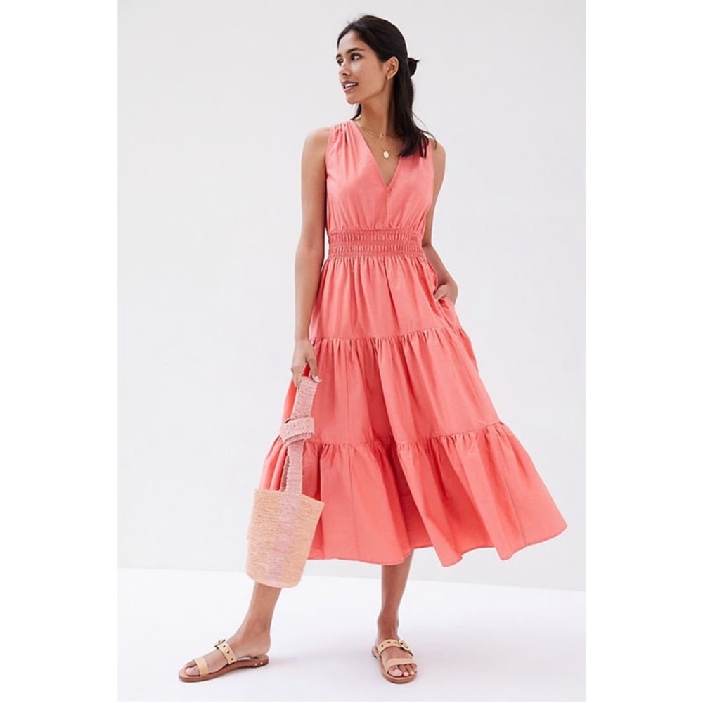 Anthropologie Maeve Smocked Coral Rose Tiered‎ Ruffle Midi Dress